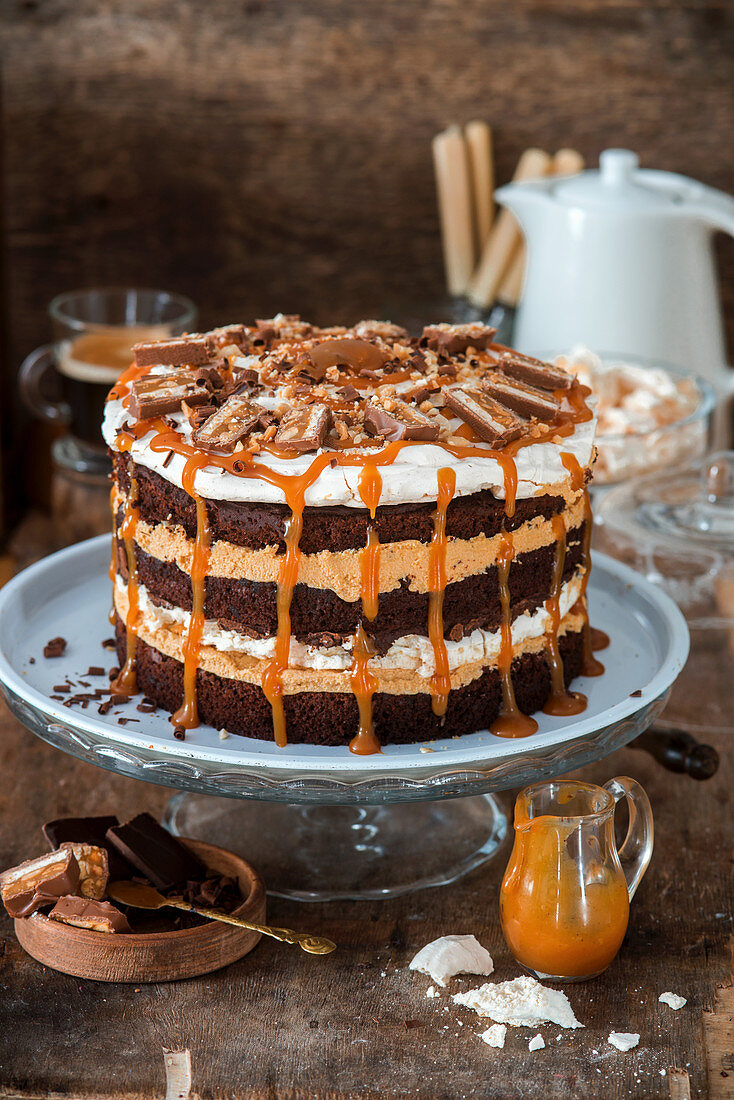 Chocolate sponges, peanuts, salted caramel and meringue