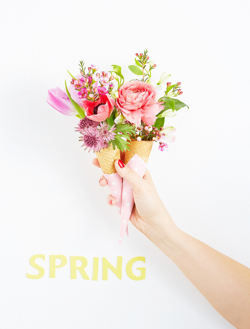 Pink posies in two ice-cream cones held in hand