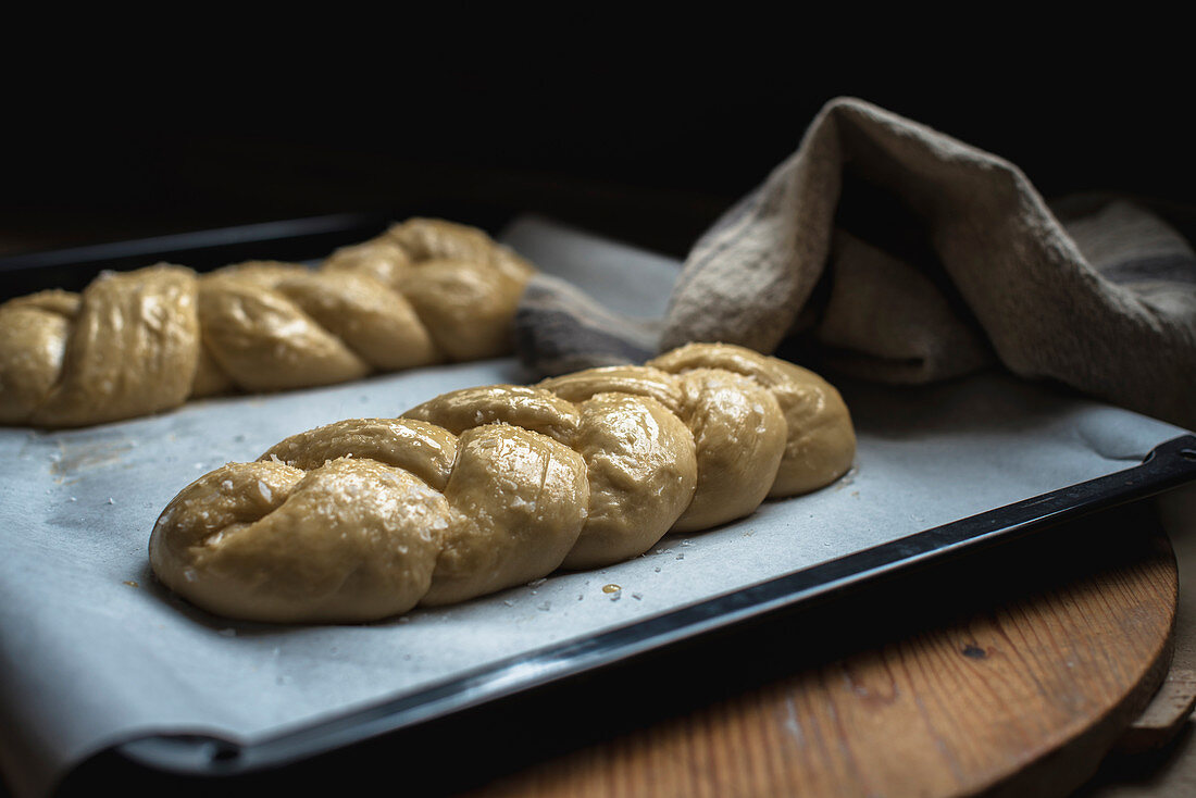 Unbaked challah bread (Jewish cuisine) on a baking tray