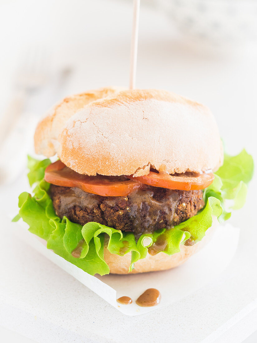 Vegan homemade burger sandwich with mustard sauce