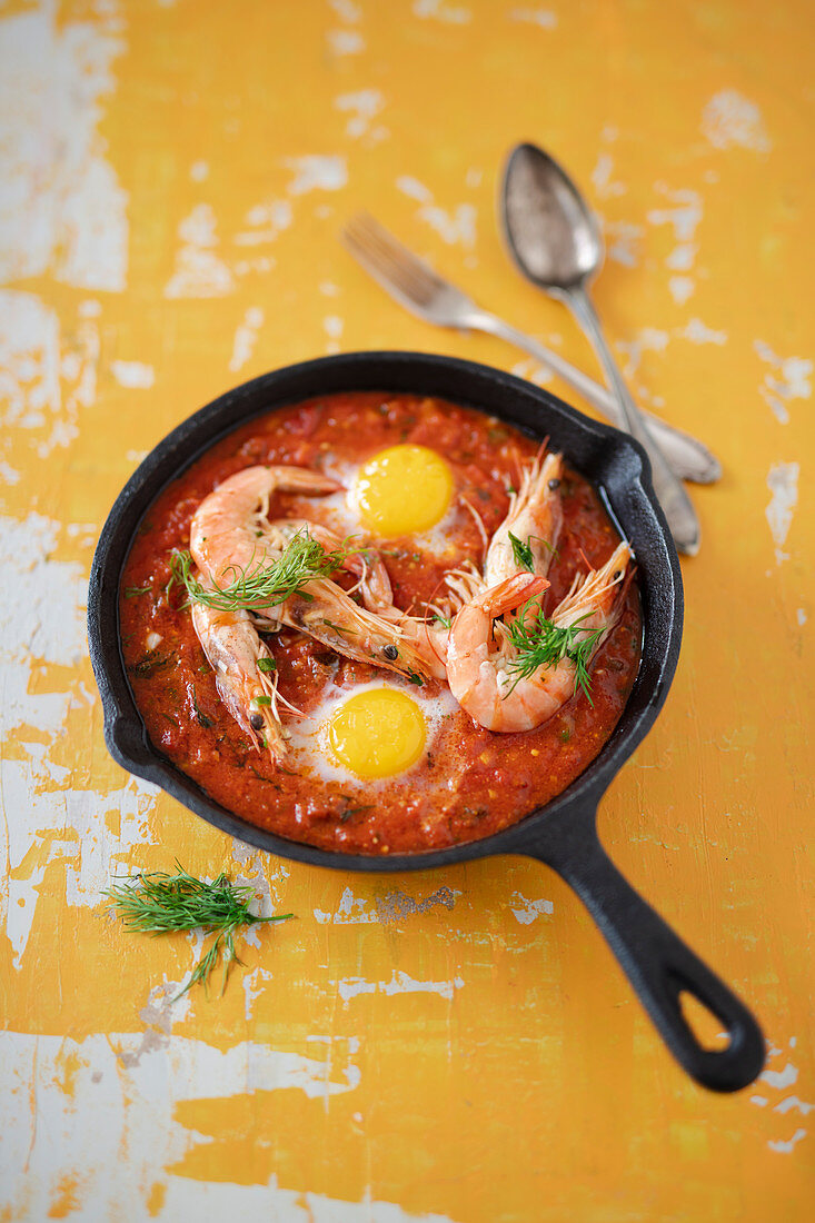 Shakshuka with cooked prawns and eggs (Israel)