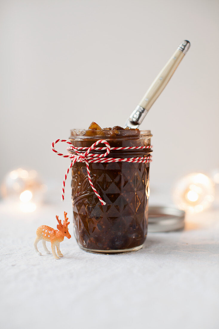 Homemade Christmas chutney in a patterned canning jar