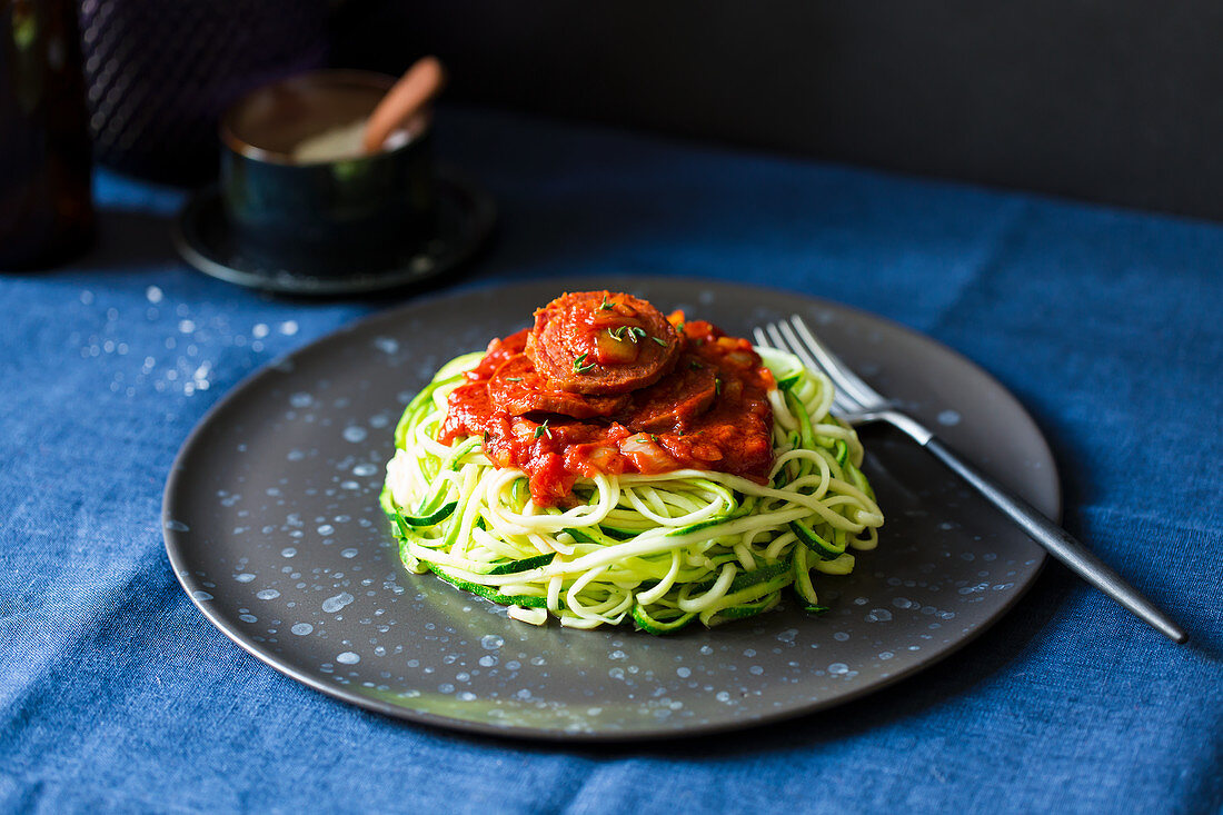 Steamed courgette noodles with a chorizo sauce