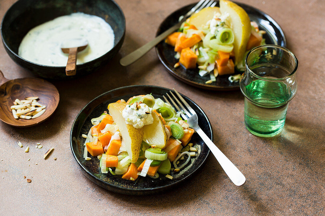 A steamed leek medley with pears and lemon sauce