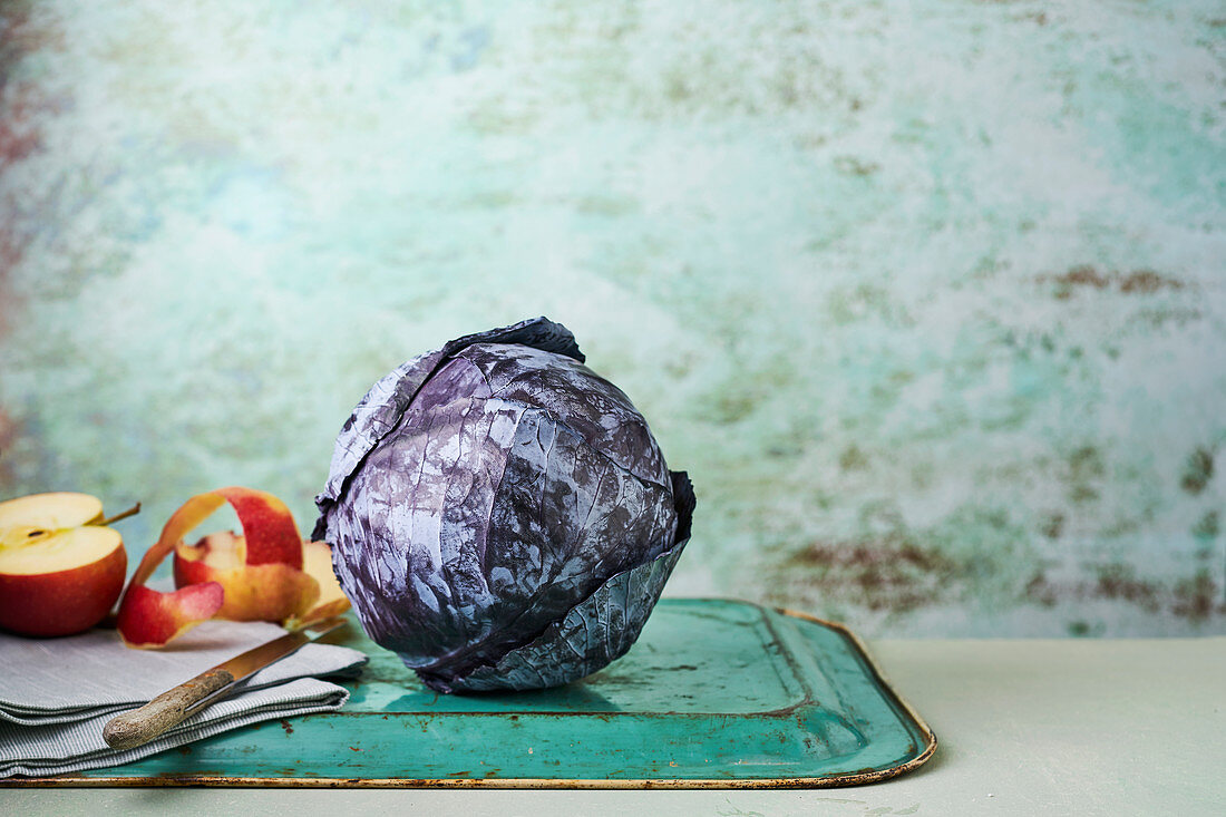 Red Cabbage with apple on a tray