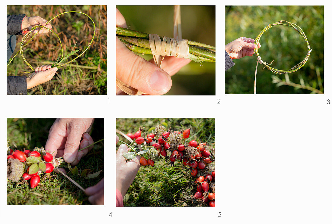 Tying a wreath of rose hips