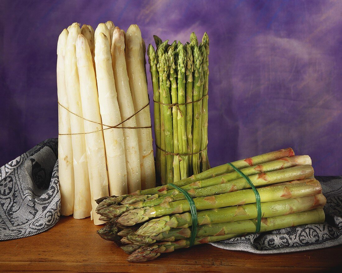 Still Life of Bundles of White and Green Asparagus