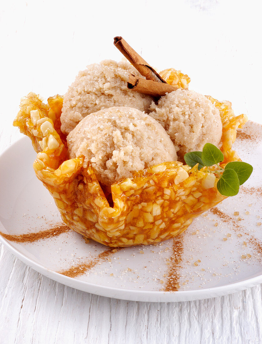 Cinnamon ice cream in a brittle bowl