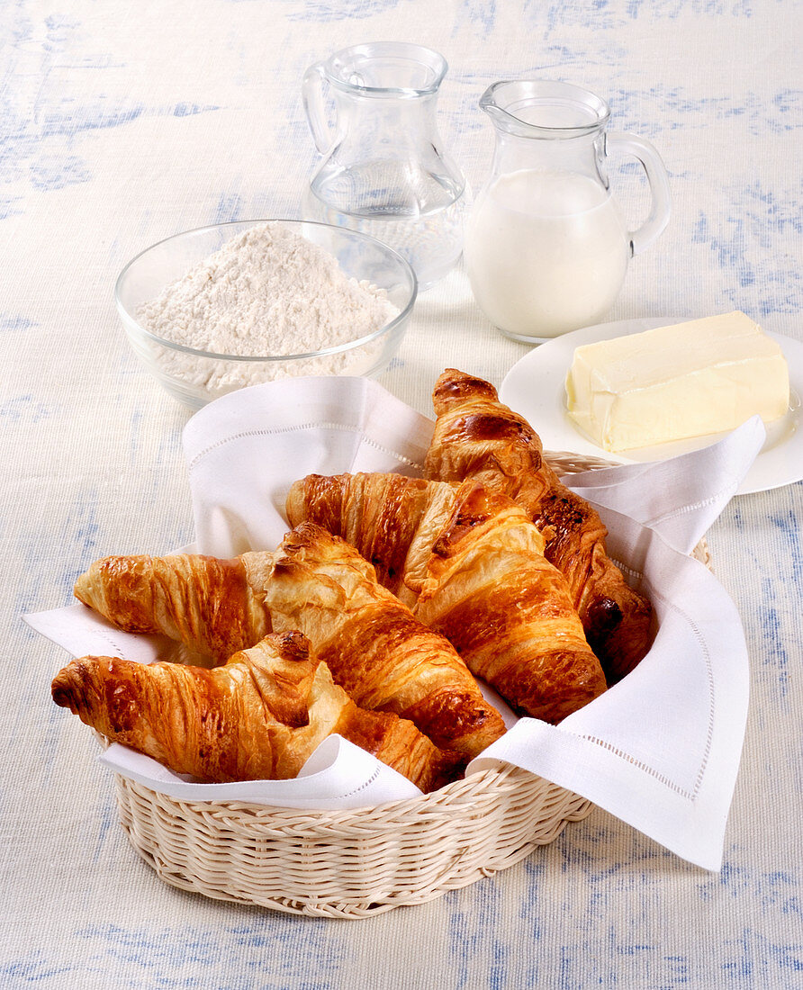Fresh croissants in a bread basket