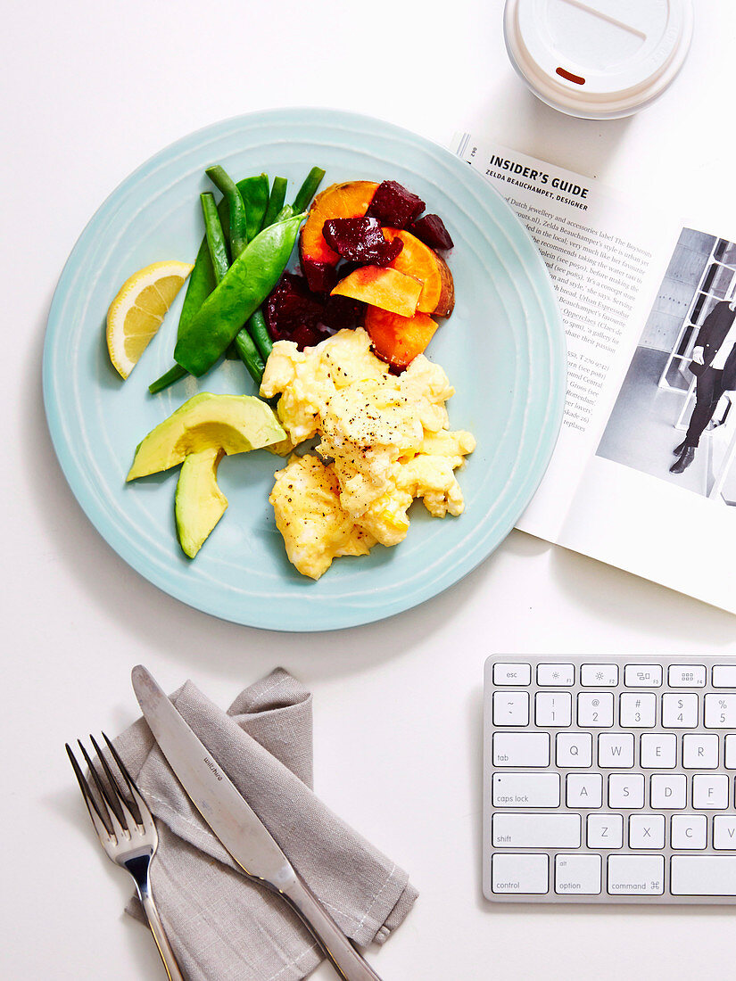 Scrambled eggs, last night's roast veg, green beans and avocado