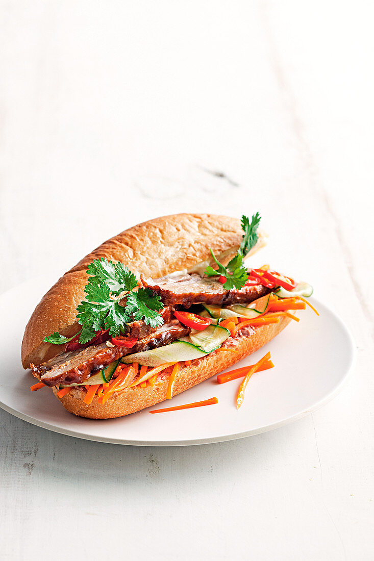 A Banh mi sandwich with marinated pork and vegetables (Vietnam)