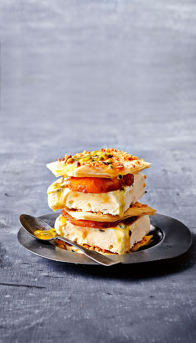 Filo stacks with pineapple and ice-cream