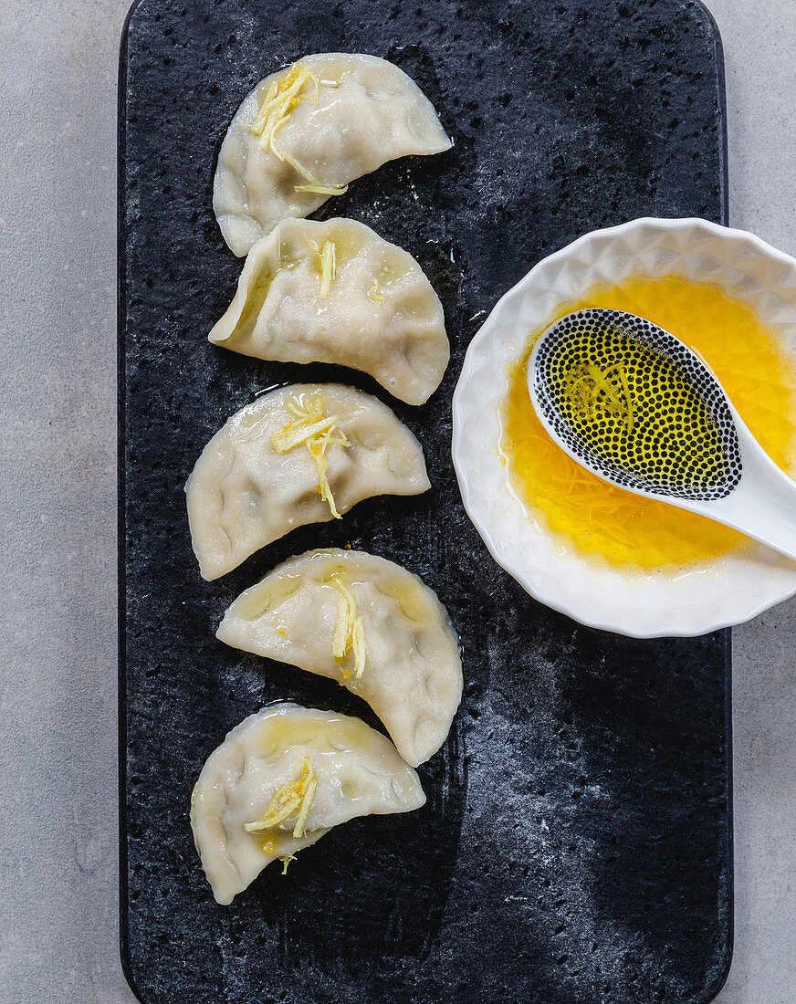 Chinese dumplings with lemon and ginger butter