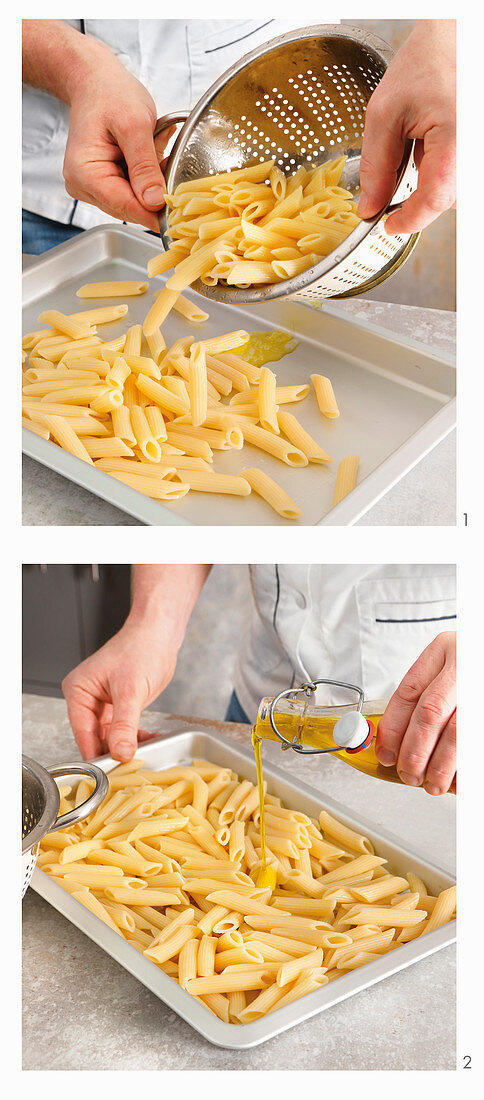 Pre-cooked pasta with olive oil
