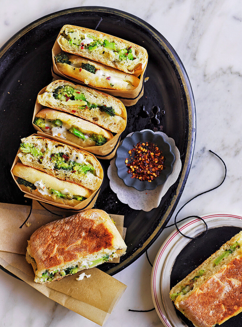 Panini with melting cheese and broccoli