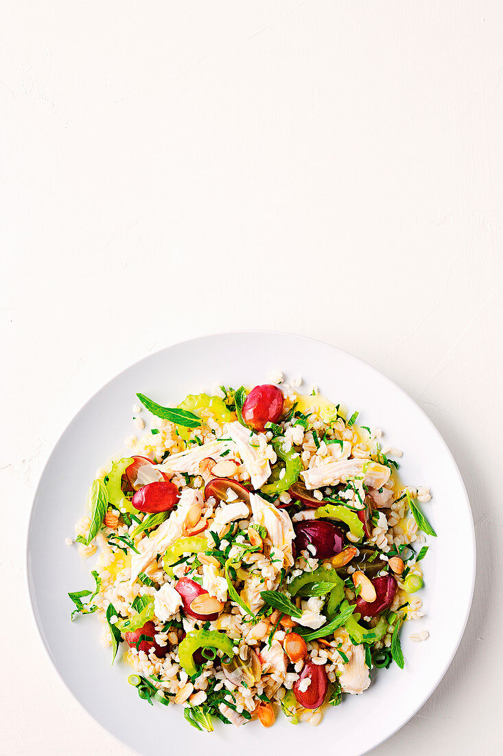 Pearl barley, grape and poached chicken salad