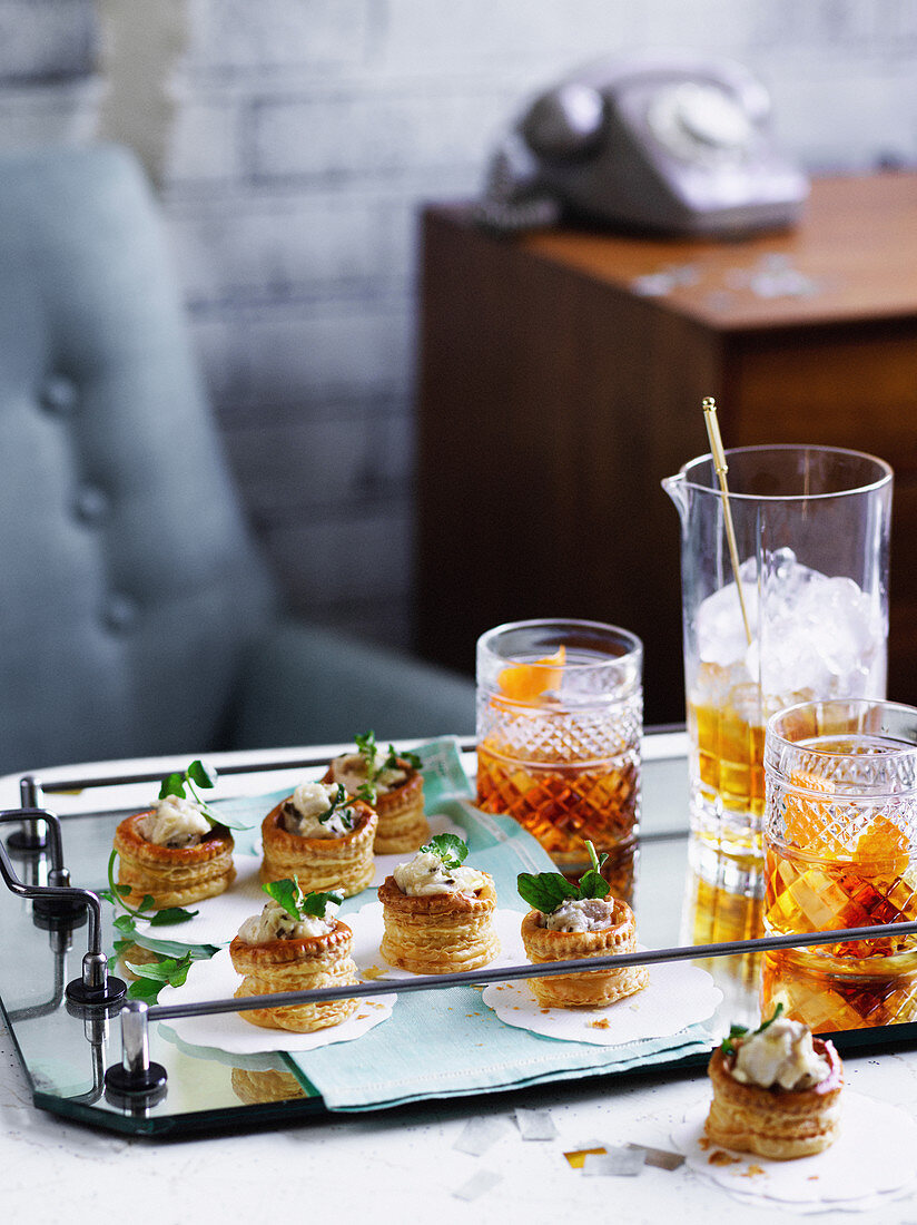 Chicken vol-au-vents and 50/50 Sazerac (1960s)