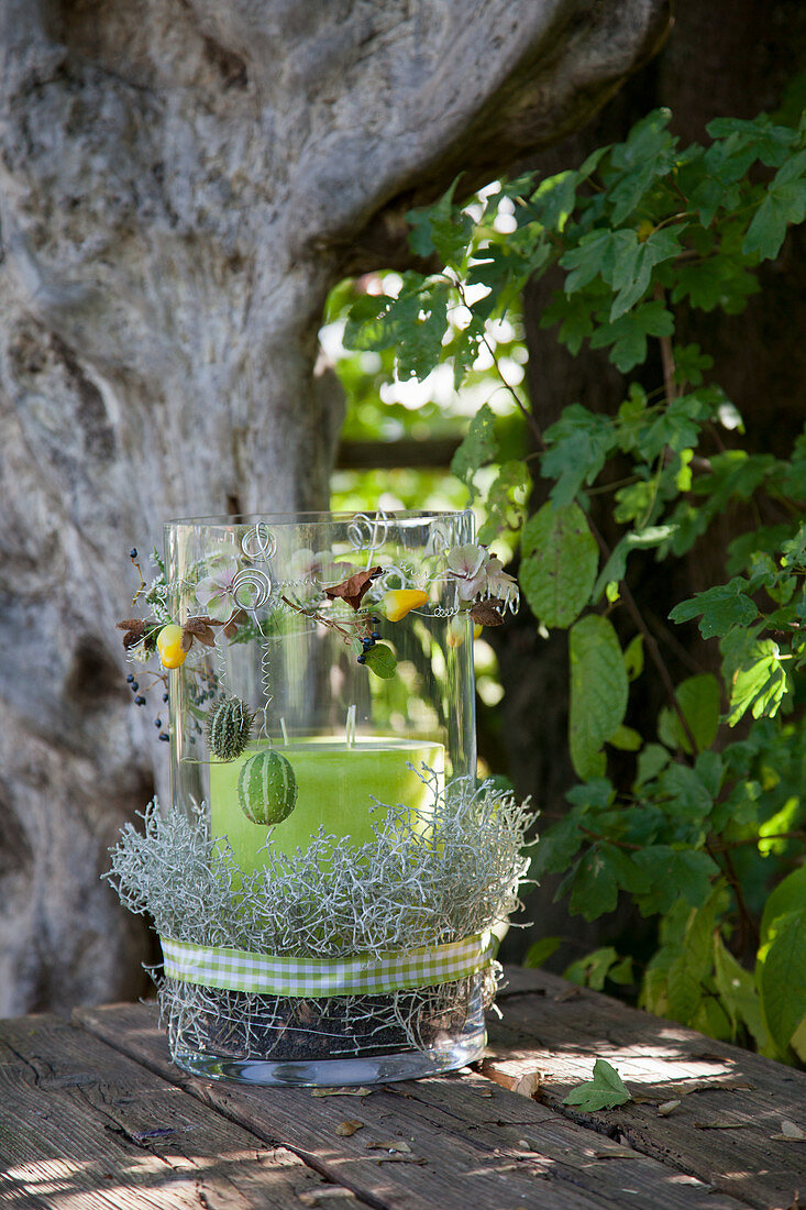 Candle lantern decorated with barbed wire plant and autumn fruits