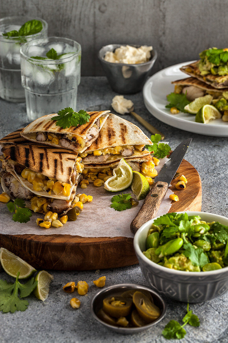 Chicken quesadillas with corn and broad bean and avocado salsa