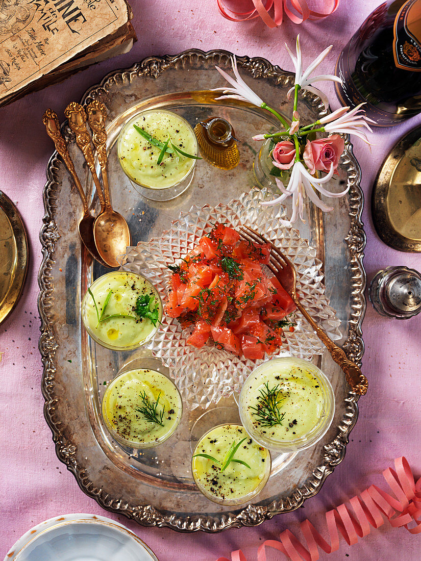 Avocado soup and salmon for a New Year's Eve party