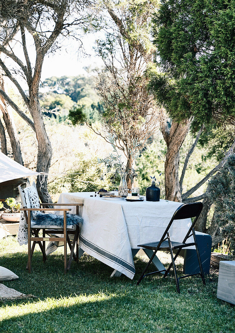 Laid table and chairs under tree in garden