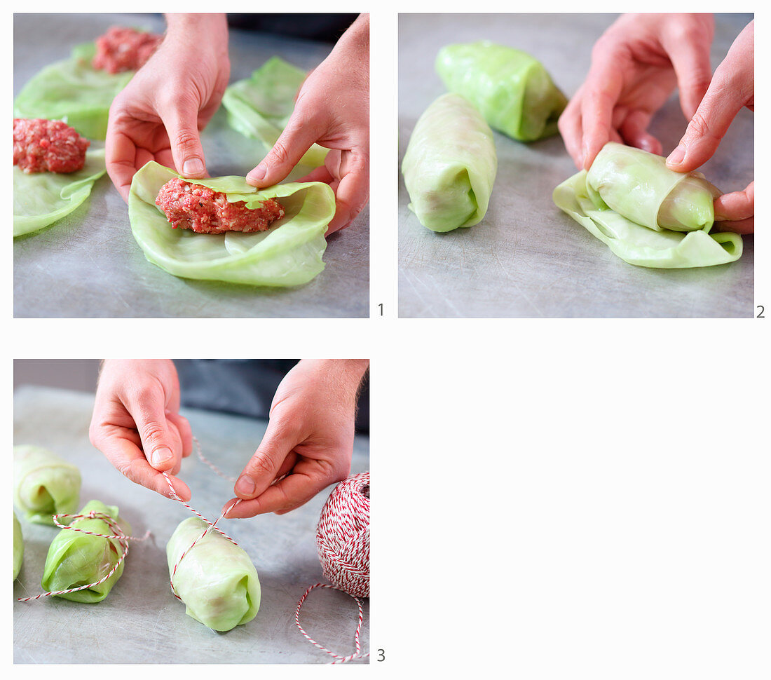 Classic cabbage roulade being wrapped