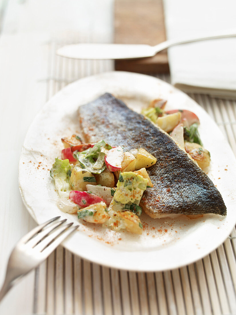 Miller trout with potato and radish salad