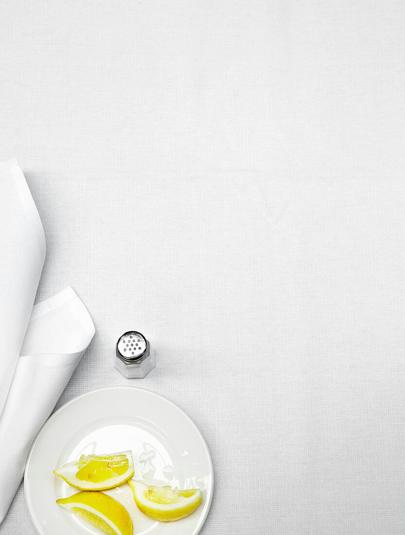 Zitronenspalten auf Teller daneben Salzstreuer und Stoffserviette