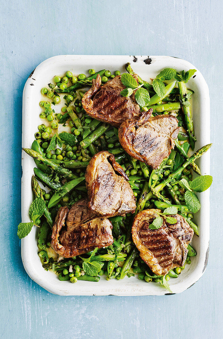 Barbecue lamb with spring veg sauté