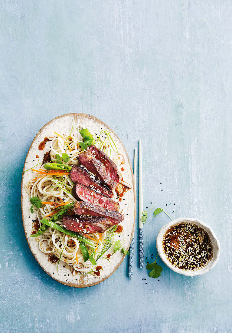 Barbecue ginger beef with cold sesame noodle salad