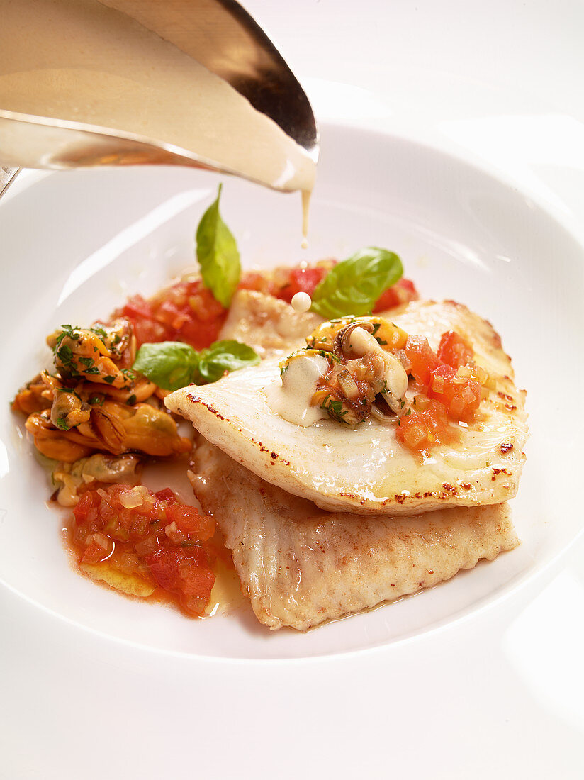 Turbot fillet on a mussel and tomato ragout