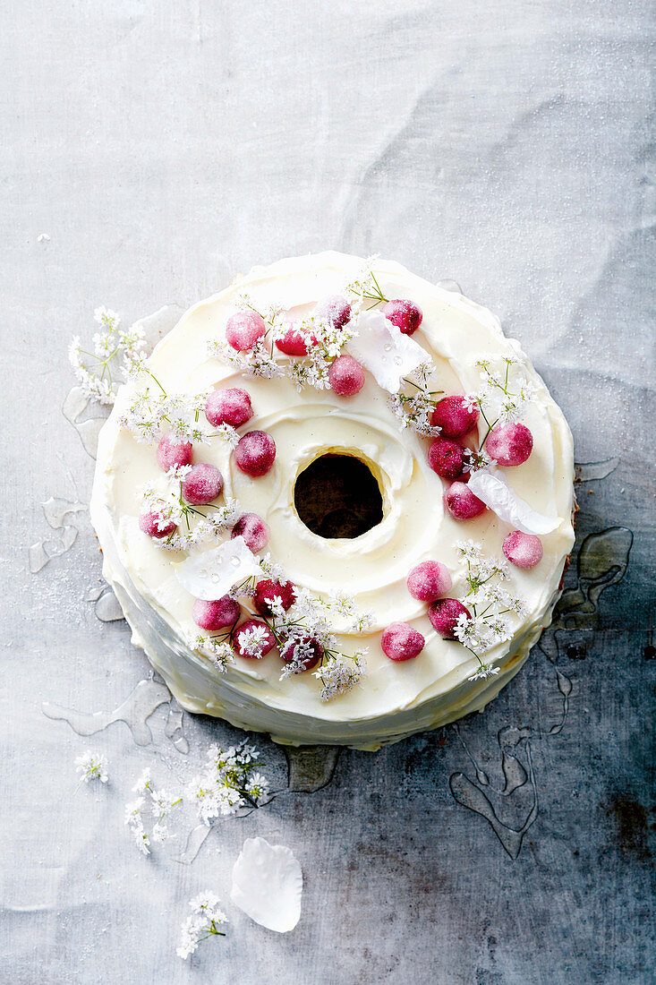 White christmas angel cake with rose and prosecco syrup