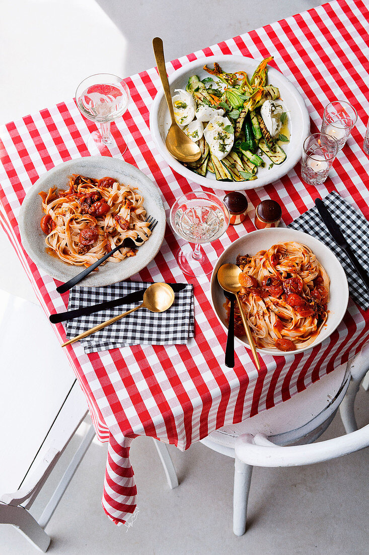 Fettuccine with mussel ragu and Grilled zucchini and mozzarella salad
