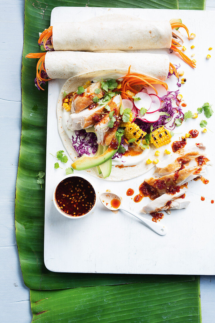Portuguese chicken wraps with rainbow slaw
