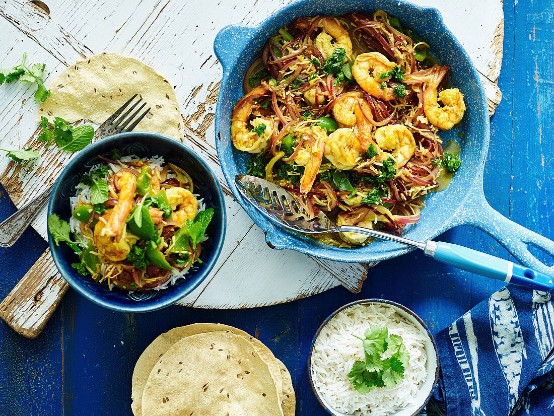 Indian prawn curry with rice and pappadams