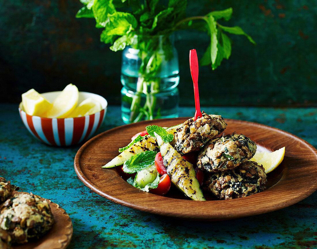 Brown Lentil patties with grilled cucumber salad