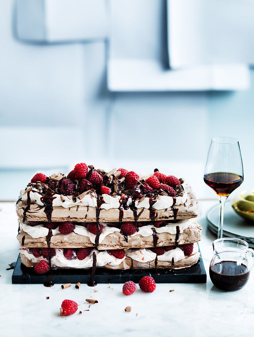 Chocolate raspberry meringue cake