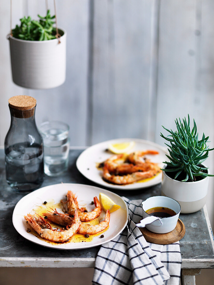 Barbecued prawns with brown butter and tamari