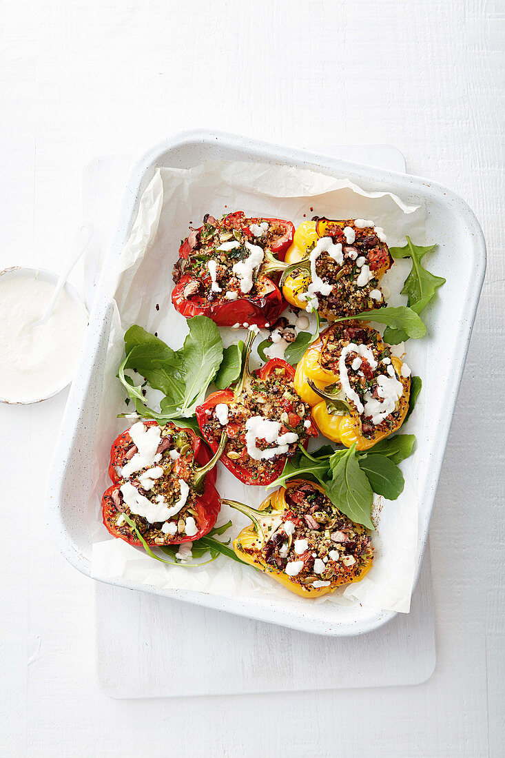 Roasted peppers filled with quinoa and herbs