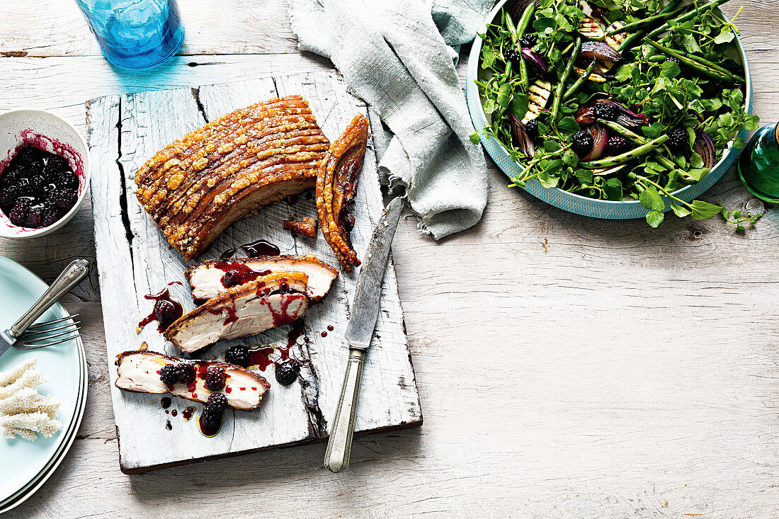 Roast pork belly with thyme salt and blackberry vinaigrette