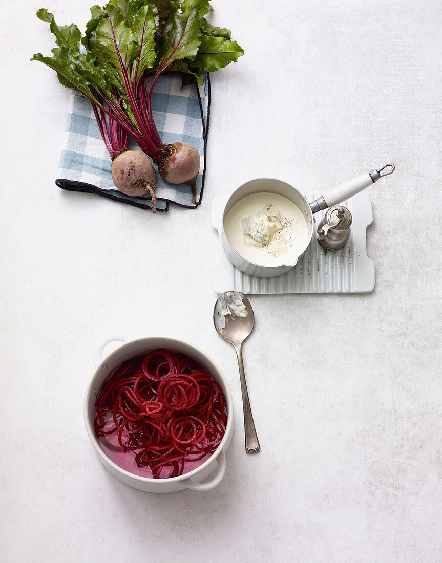 Ingredients for beetroot noodles with gorgonzola sauce