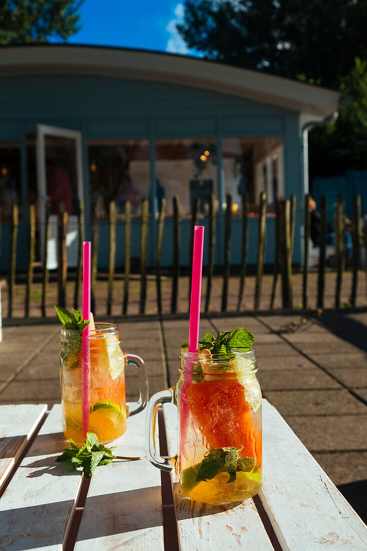 Sommercocktails mit frischer Minze auf Terrasse