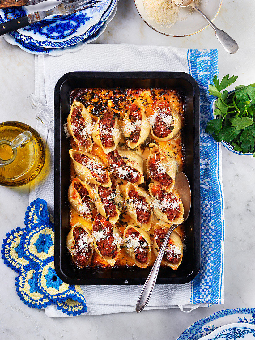 Pasta bake with tomato sauce and Parmesan cheese