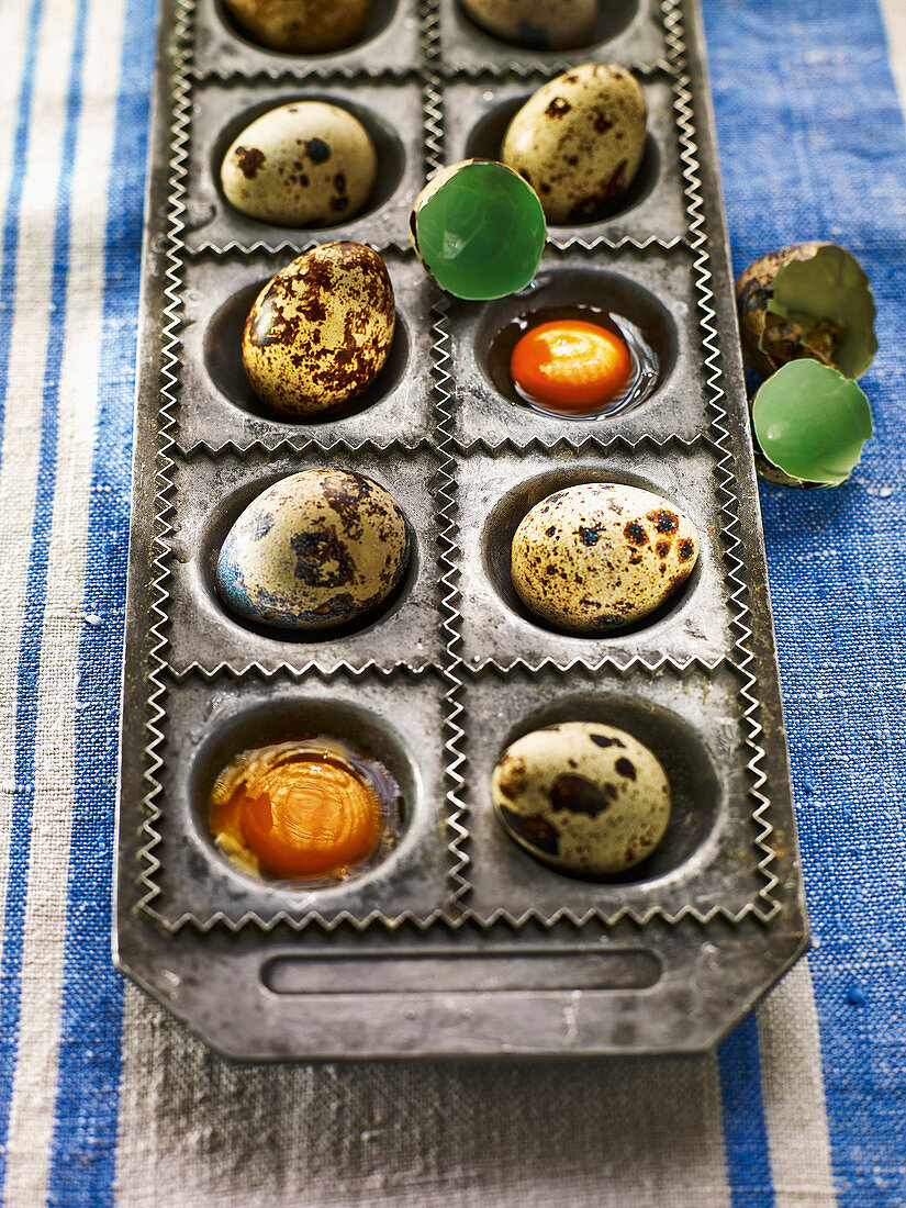 Quail eggs in a ravioli tray