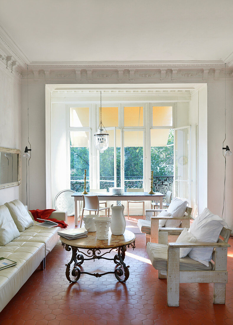 Mediterranean living room with hexagonal tiled floor