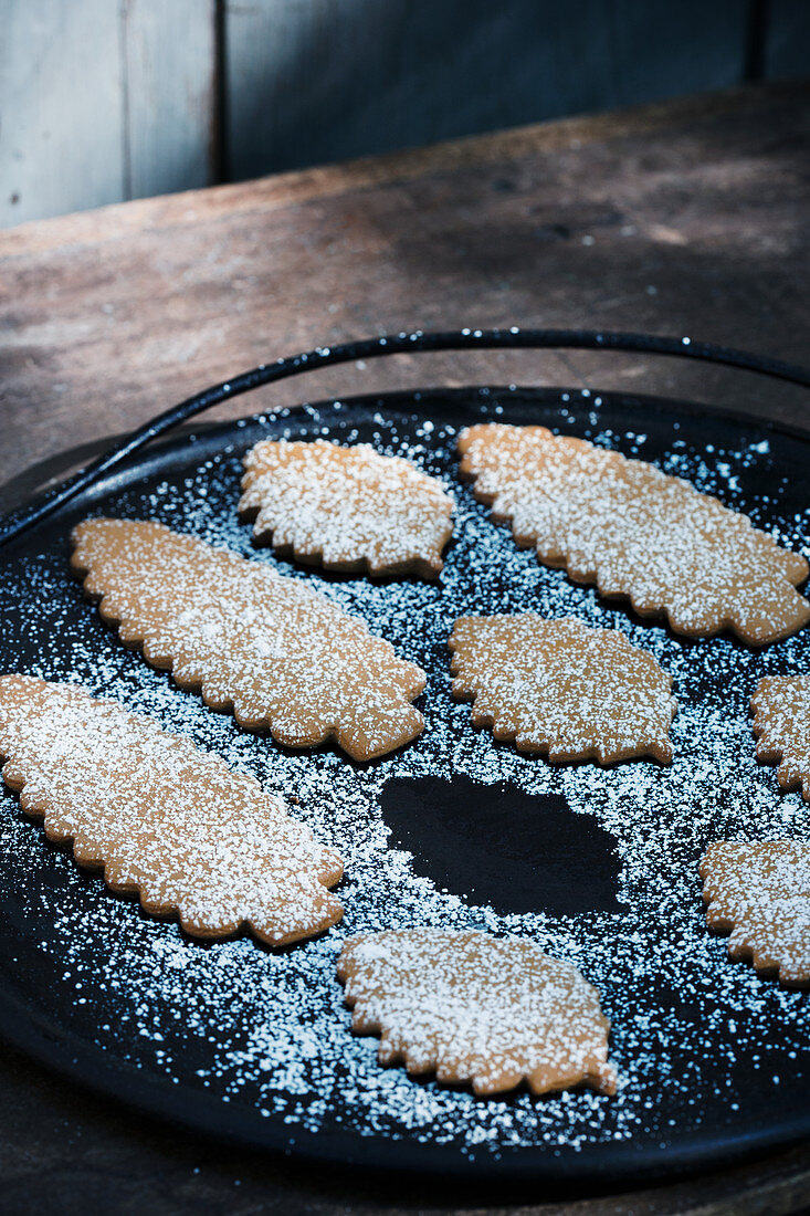 Leaf-shaped biscuits dusted with icing sugar on tray