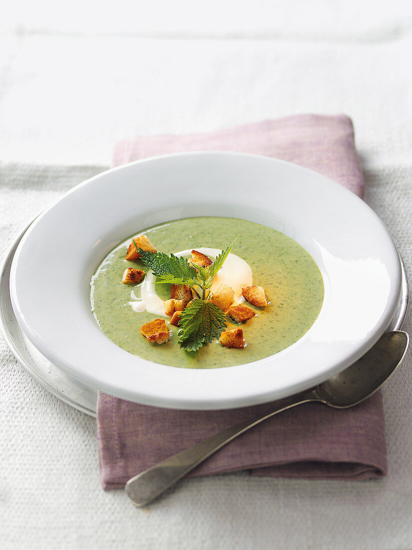 Stinging nettle soup with herb croutons