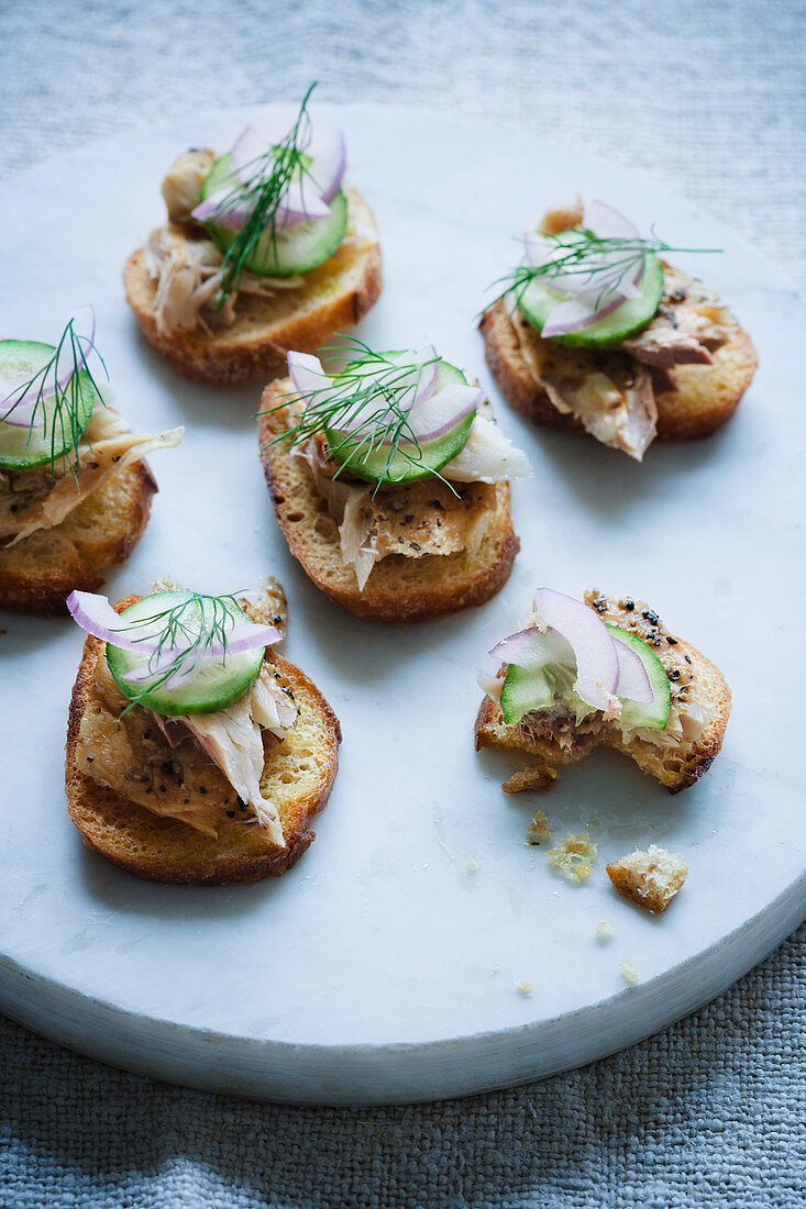 Grilled bread with smoked fish, cucumber, dill and onion