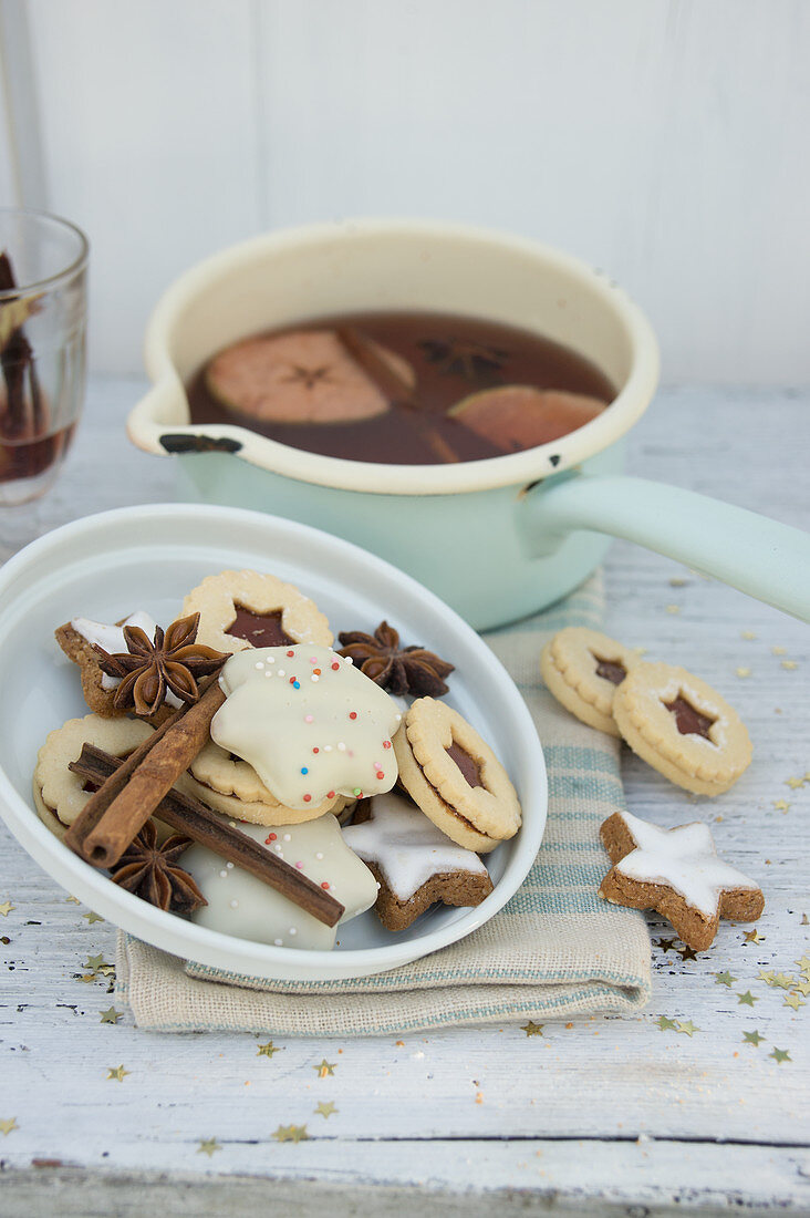 Various biscuits and mulled wine