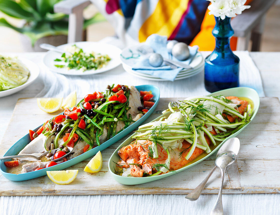 Fish with nicoise salsa and Ocean trout with asparagus, fennel and dill